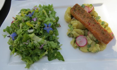 IMG_8092 Essen am 1.6.15 - Kartoffelsalat mit Gurke, Rucola und Raieschen, dazu Stremellachs.jpg