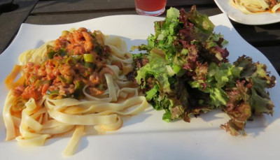IMG_8211 Essen am 29.6.15 - Bandnudeln mit Krabben und lauchzwiebeln.jpg