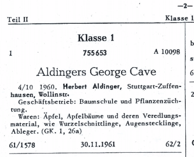 Warenzeichen Nr 755653 - Aldingers Georg Cave - Warenzeichenblatt Teil II, 1962 Seite 2.gif